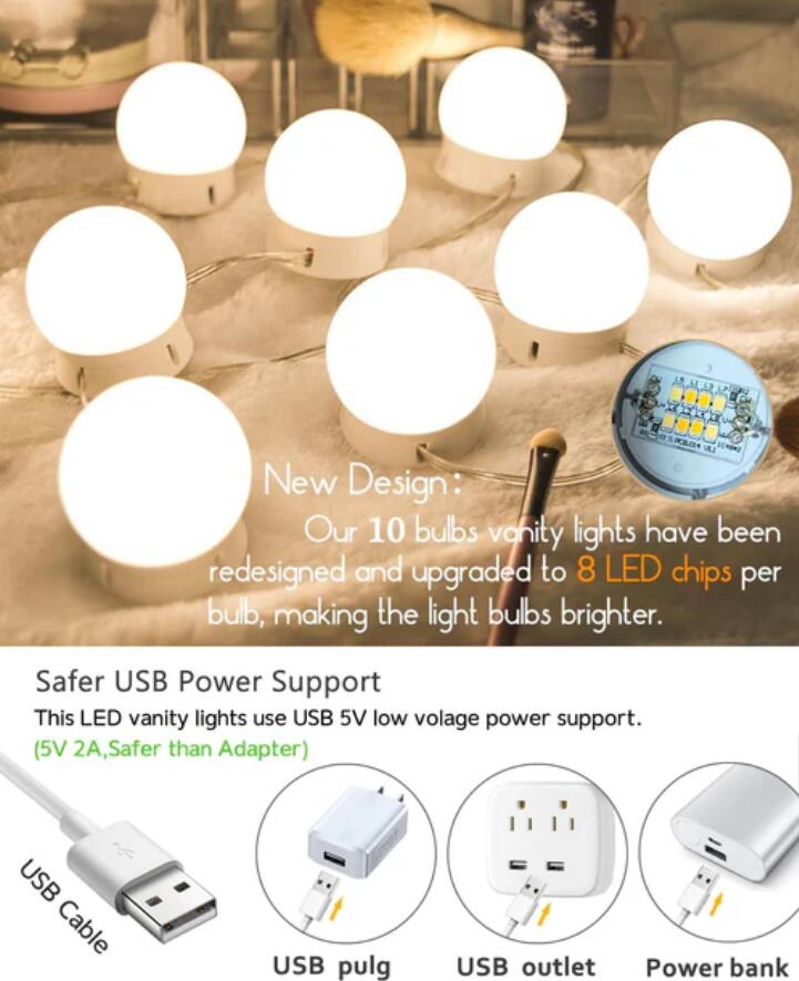 Hollywood Style LED Vanity Mirror Lights Kit with 10 3Colors Adjustable 1.77'' Light Bulbs, Perfect for Makeup Vanity Table Set in Dressing Room