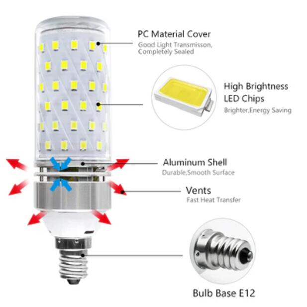 E12 16W LED Corn Bulbs, 1500LM Daylight White 6000K, CRI80+, 120W Incandescent Bulb Equivalent, E12 Base Non-Dimmable LED Lamp,Pack of 6