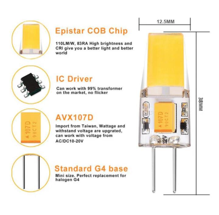 10 Pack G4 LED Light Bulb Bi-Pin Silicon Encapsulation 12V 2.5 W 1508 COB LEDs CRI>80 230-250Lumen 25W Equivalent
