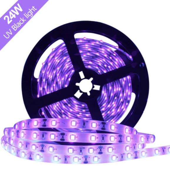 24W UV Black Light LED Strip 16.4FT/5M UV 3528 300LEDs 395nm-405nm Waterproof LED Strip Light for Night Fishing,Party w/ 12V 2A Power Supply