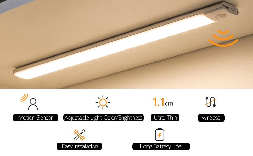 2Pack Under Cabinet Lights, LED Closet Lights Wireless Magnetic Motion Sensor Activated Light Bar Indoor Rechargeable Battery Operated Stick on Under Counter Lights for Kitchen Stairs Hallway