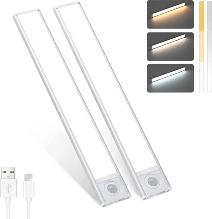 2 Pack PIR Motion Sensor LED Cabinet Light, Under Counter Closet Lighting, Wireless USB Rechargeable Light Indoor, CCT 2700-6500K Color Changeable for Kitchen, Wardrobe, Closet, Hallway