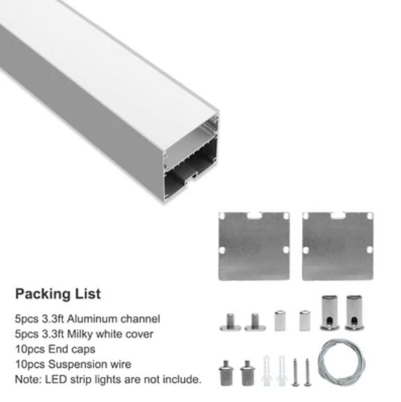 Bingotec 5pcs - Pack 3.3ft Aluminum LED Channel, 50×50mm, Anodized, Extruded Aluminum Profile, with Milky White Cover, Silver Housing Aluminum Track, fit for < 38mm Width LED Strip Light Installation