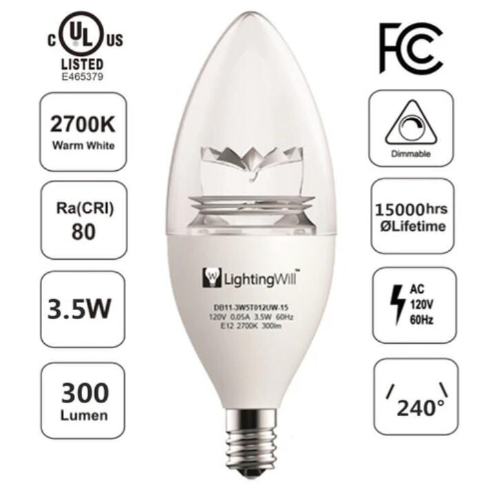 UL CUL Approved 3.5W 300 Lumen LED Candle Light Bulb Dimmable 2700K Warm White Color in E12 Edison Screw Base, 40 Watt Incandescent Lamp Equivalent