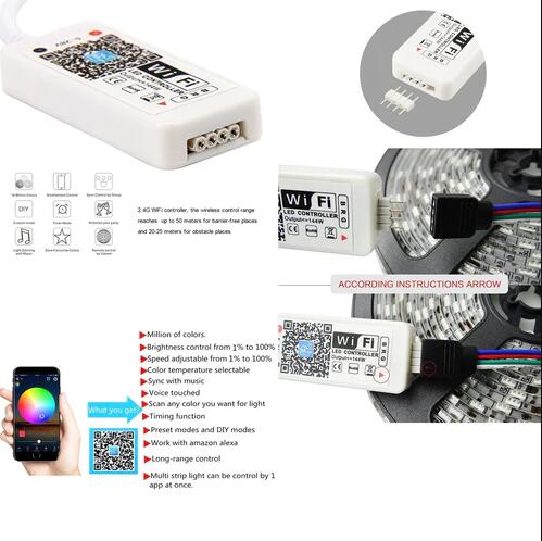 16.4ft（5Mtrs) 300LED SMD5050 RGB LED Light Strip Kit Music Sync, IR Remote, WiFi APP Controlled, Alexa Compatible