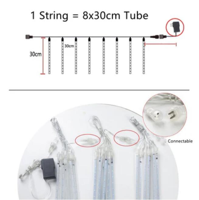 3PCS Pack of Christmas Lights Meteor Shower Rain Lights 8 Tube 12 Inch Waterproof Plug in Falling Rain Fairy String Lights for Halloween Christmas Holiday Party Home Patio Outdoor Decoration