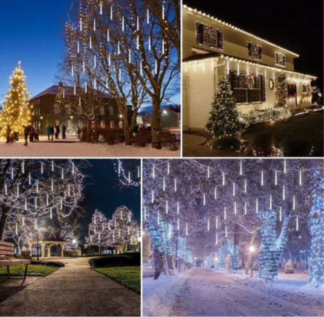 3PCS Pack of Christmas Lights Meteor Shower Rain Lights 8 Tube 12 Inch Waterproof Plug in Falling Rain Fairy String Lights for Halloween Christmas Holiday Party Home Patio Outdoor Decoration