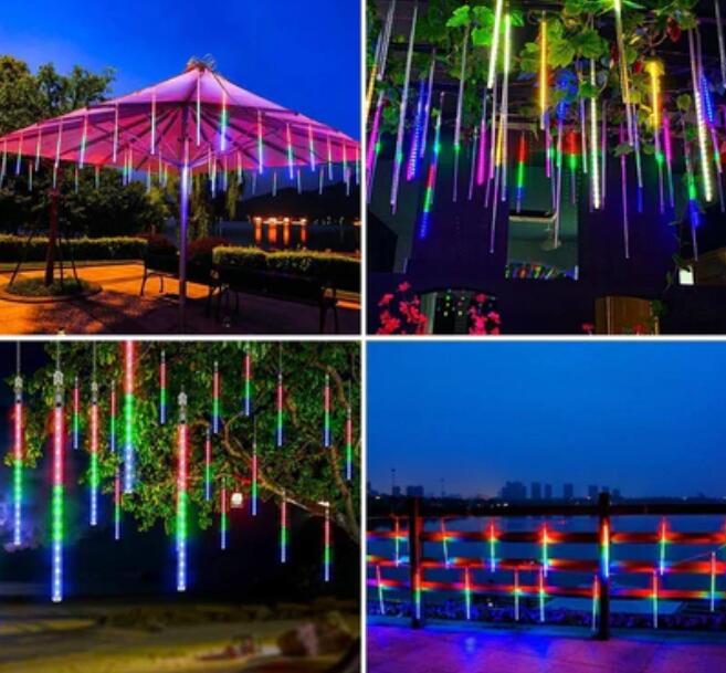 3PCS Pack of Christmas Lights Meteor Shower Rain Lights 8 Tube 12 Inch Waterproof Plug in Falling Rain Fairy String Lights for Halloween Christmas Holiday Party Home Patio Outdoor Decoration