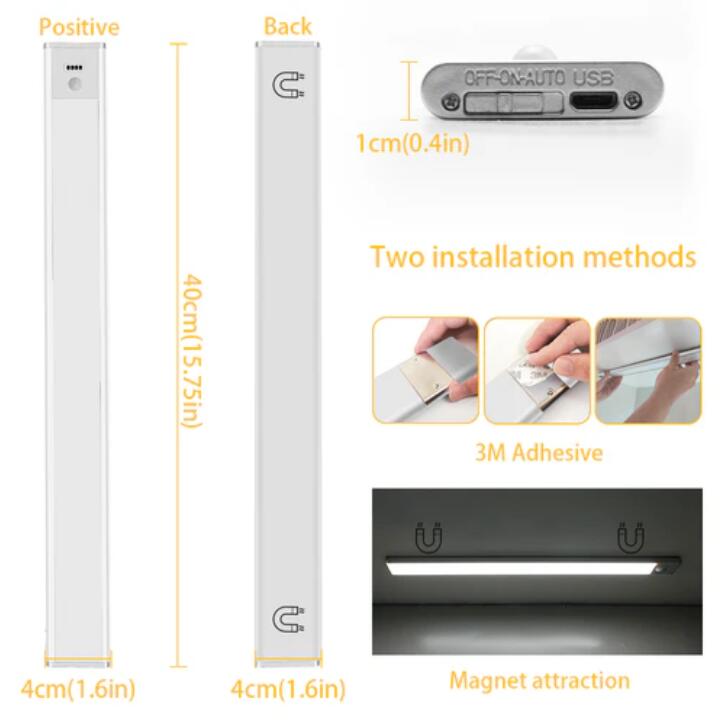 40cm (15.75'') Motion Sensor LED Night Light Rechargeable LED Under Cabinet Light Portable