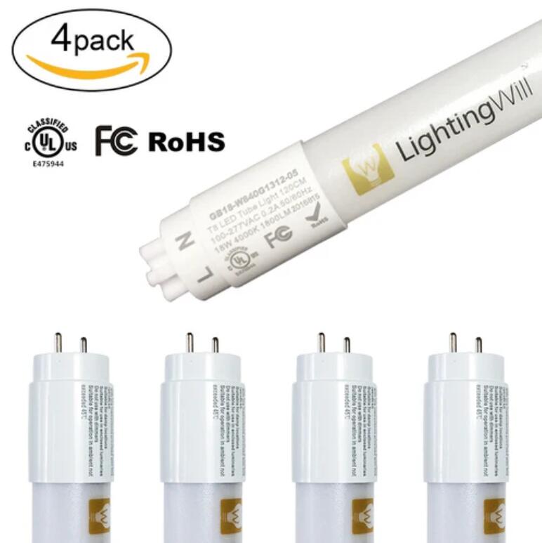 4FT(120cm) LED T8 Tube 18W 1800LM 100-277VAC, Ballast By-Pass, UL CUL All-Plastic LED Tube