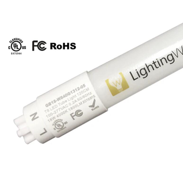 4FT(120cm) LED T8 Tube 18W 1800LM 100-277VAC, Ballast By-Pass, UL CUL All-Plastic LED Tube