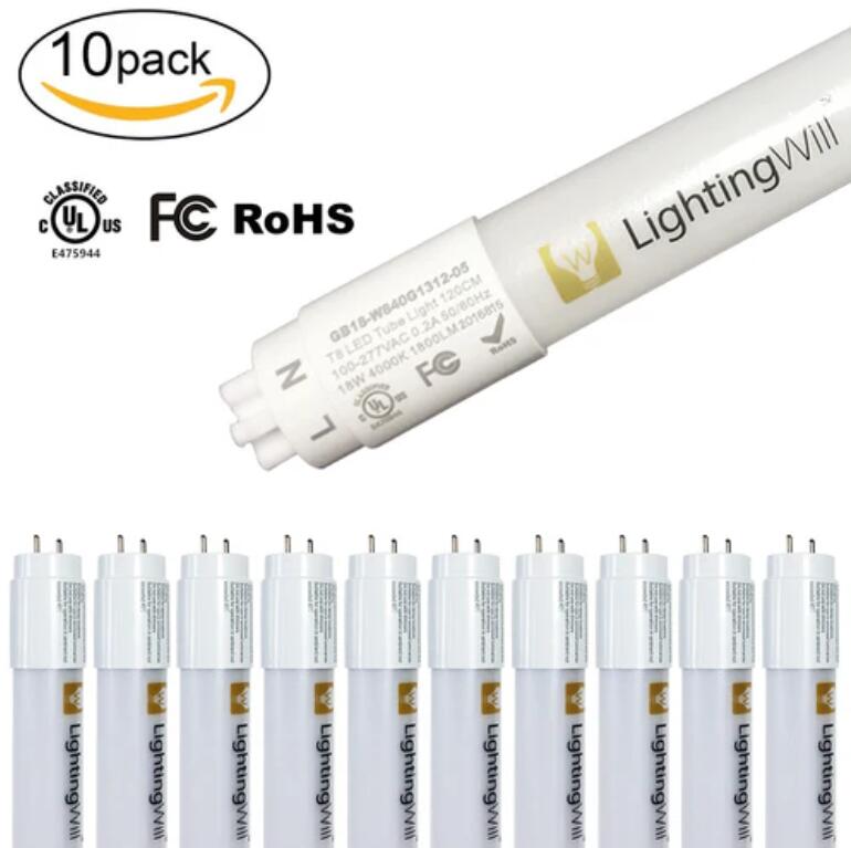 4FT(120cm) LED T8 Tube 18W 1800LM 100-277VAC, Ballast By-Pass, UL CUL All-Plastic LED Tube