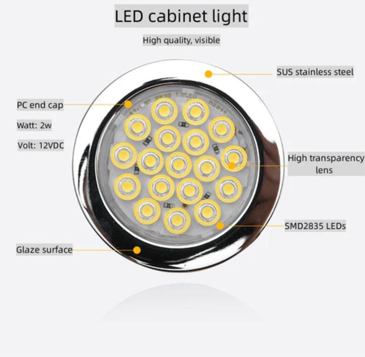 4pcs Pack Round LED Under Cabinet Lighting Stainless Steel LED Puck Light 2W 12VDC, 3 Switches Optional Controllable Puck Light for Motorhome, Caravan, Truck, Kitchen, Wine Cabinet, Wardrobe