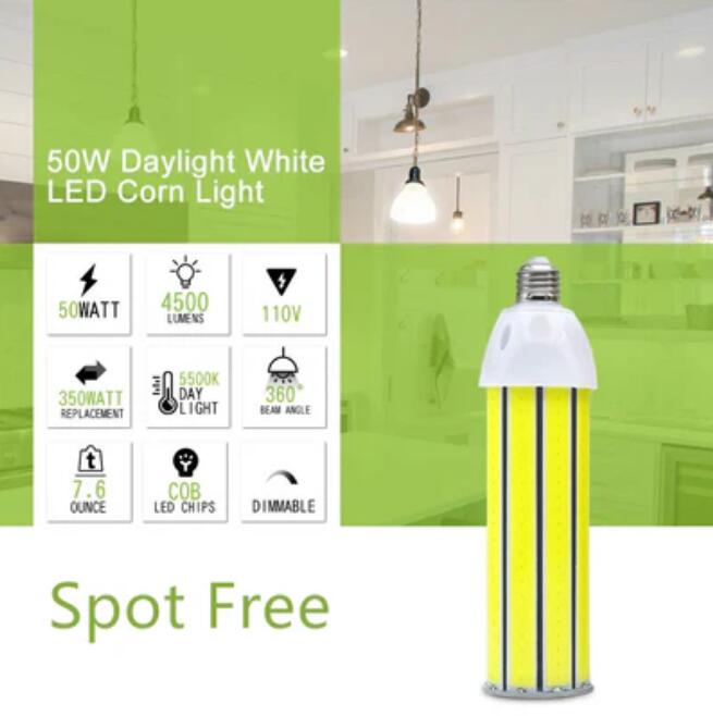 LED Corn Light Bulb 50W, Daylight White 5500K, 4500Lumens, E26/E27 Base, COB LED Chips (210Pcs), for Indoor Outdoor Garage Factory Warehouse