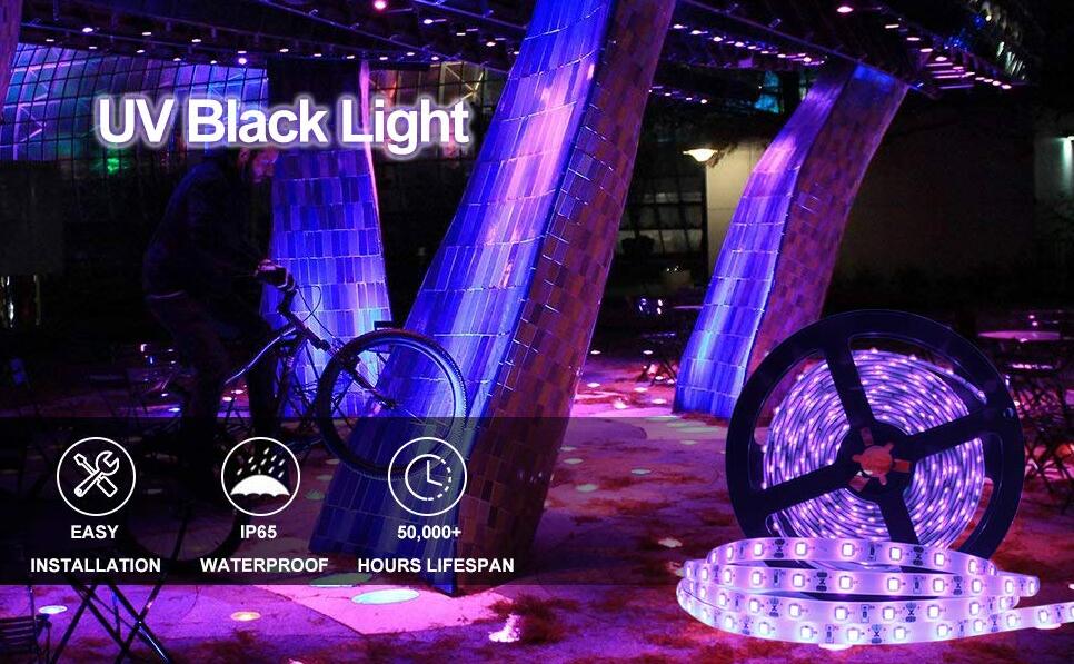 60W UV Black Light LED Strip, 16.4FT/5M 2835 300LEDs 395nm-405nm Waterproof IP65 Night Fishing Sterilization Party w/12V 5A Power Supply