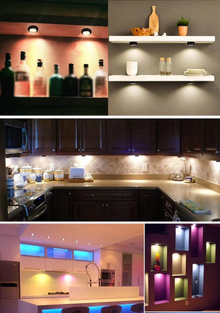6 Pack LED Puck Lights, Black Finsih with Remote, RGBW Color Changing Under Cabinet Lights Wireless,13 Colors Changeable LED Closet Light Dimmable,AA Battery Operate Push Night Lights with Timer Function
