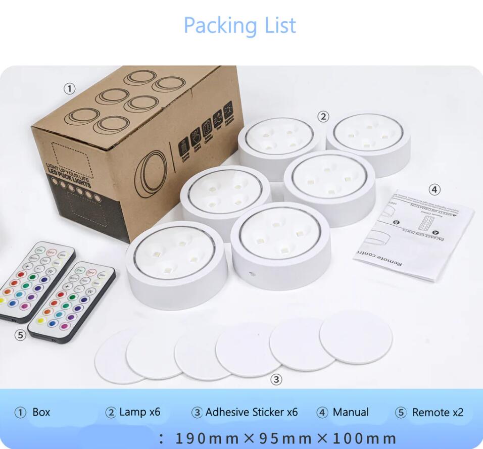 6 Pack LED Puck Lights, Black Finsih with Remote, RGBW Color Changing Under Cabinet Lights Wireless,13 Colors Changeable LED Closet Light Dimmable,AA Battery Operate Push Night Lights with Timer Function