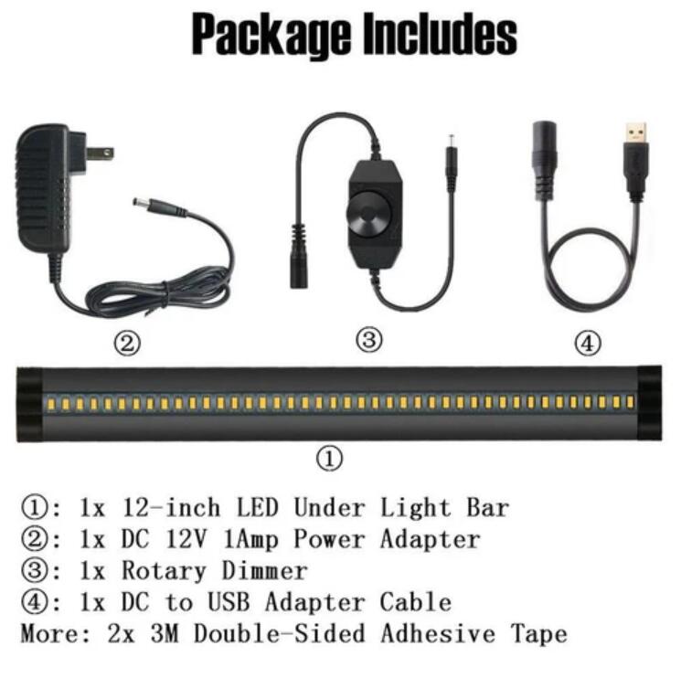 1 PACK 7mm Thick Black Finish LED Under Cabinet Lighting Dimmable Kit CRI90 300LM SMD2835 12V 5W with Dimmer & Power Supply Included