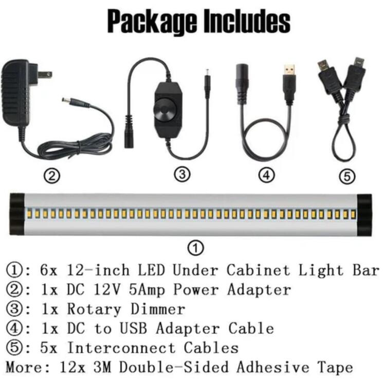 6 Pack 7mm Thick Silver Finish LED Under Cabinet Lighting Kit Dimmable 1800LM CRI90 SMD2835 12V 30W with Dimmer & Power SUpply Included