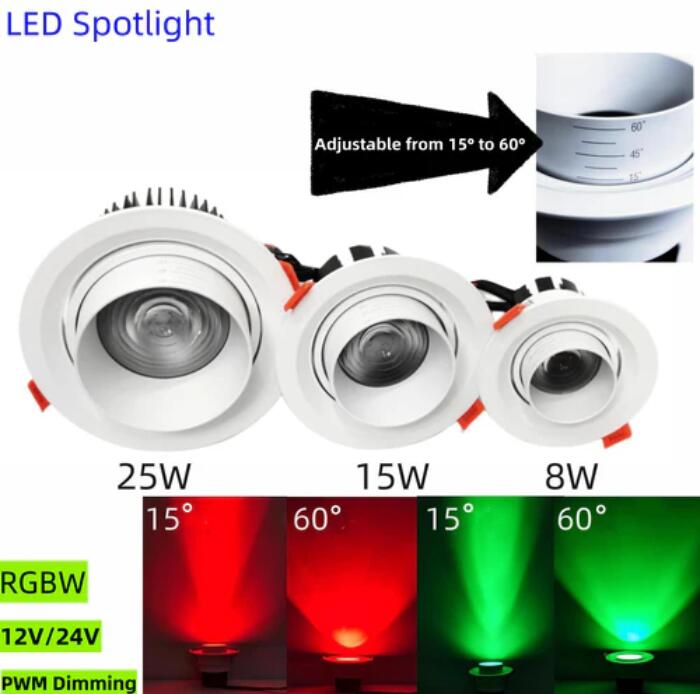 4 Pack RGBW Super Bright Modern Recessed LED Lighting Adjustable 15°-60°Beam Angle, Ambient Lighting 15W 12V/24V White Round LED Embedded Aluminum Indoor Ceiling Downlight for Hotel，Bar，Dancing Room，Restaurant