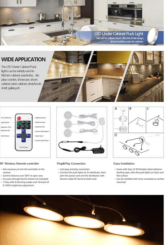 A-Series 10 Pack (10*2W) Dimmable CRI 90 LED Ultra Thin Under Cabinet Puck Lights With Dimmer & Power Adapter, All Accessories Included
