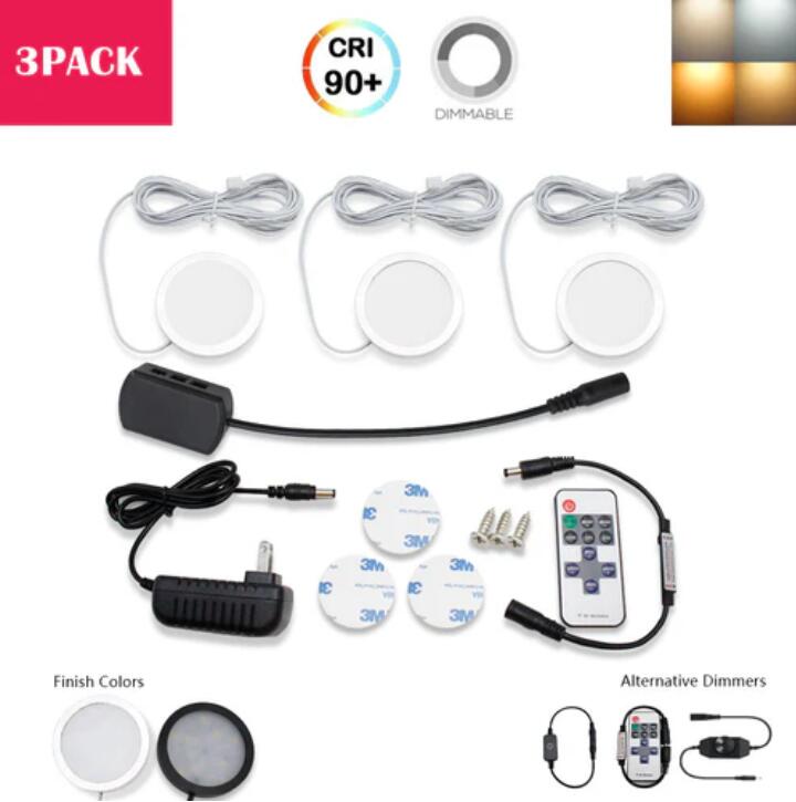 A-Series 3 Pack (3*2W) Dimmable CRI 90 Ultra Thin LED Under Cabinet Puck Lights With Dimmer & Power Adapter, All Accessories Included