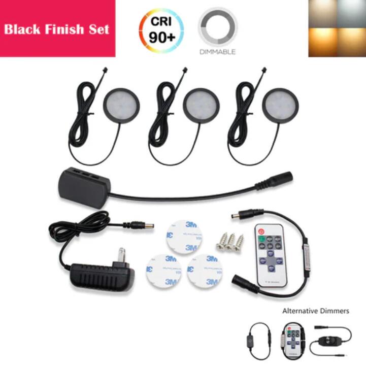 A-Series 3 Pack (3*2W) Dimmable CRI 90 Ultra Thin LED Under Cabinet Puck Lights With Dimmer & Power Adapter, All Accessories Included