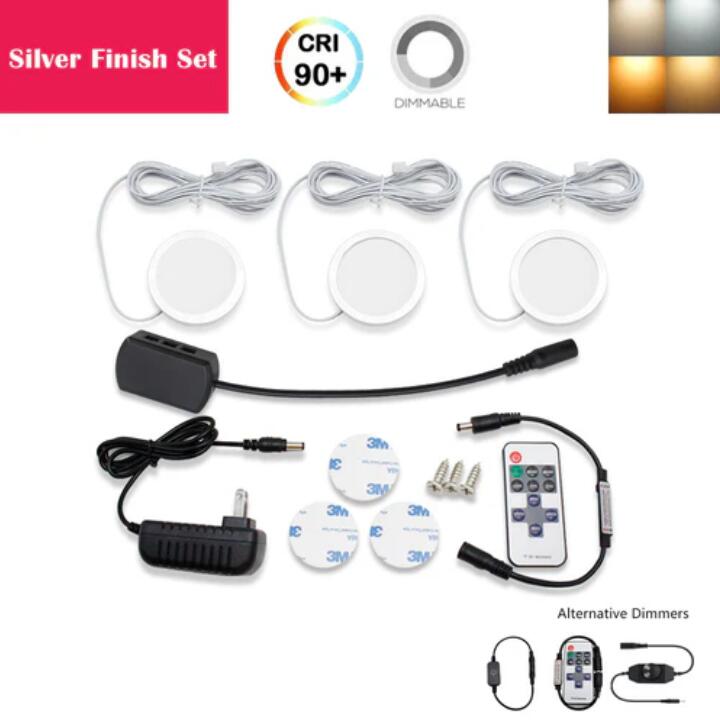 A-Series 3 Pack (3*2W) Dimmable CRI 90 Ultra Thin LED Under Cabinet Puck Lights With Dimmer & Power Adapter, All Accessories Included