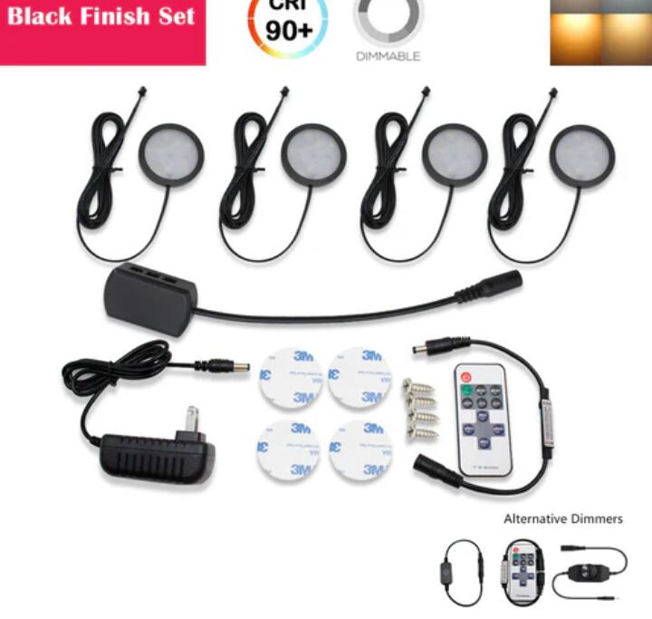A-Series 4 Pack (4*2W) Dimmable CRI 90 Ultra Thin LED Under Cabinet Puck Lights With Dimmer & Power Adapter,All Accessories Included