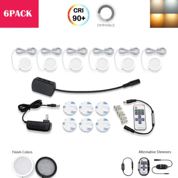 A-Series 6 Pack (6*2W) Dimmable CRI 90 Ultra Thin LED Under Cabinet Puck Lights With Dimmer & Power Adapter, All Accessories Included