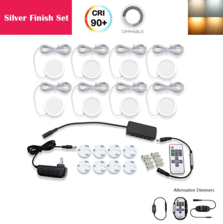 A-Series 8 Pack (8*2W) Dimmable CRI 90 Ultra Thin LED Under Cabinet Puck Lights With Dimmer & Power Adapter, All Accessories Included