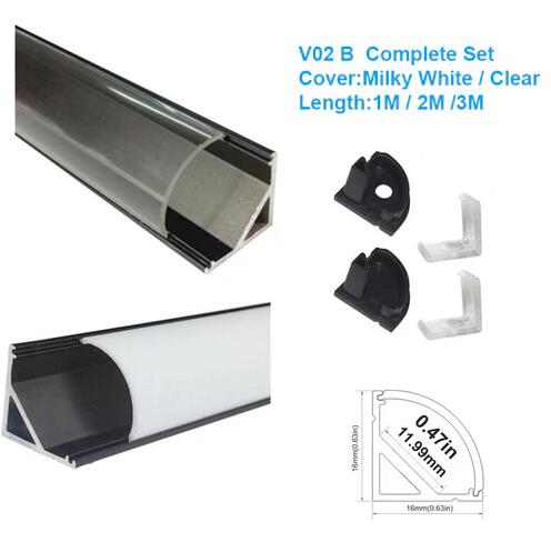 Black Corner Aluminum Profile V02 16x16mm V-Shape Curved Cover Corner Mounting LED Aluminum Profile Kit