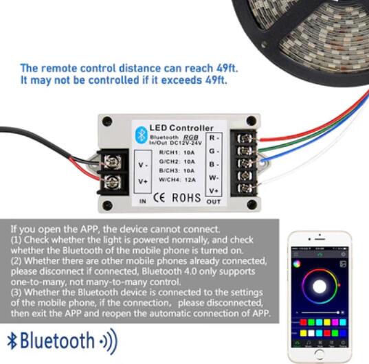 RGB/RGBW LED Strip Light Bluetooth Controller Phone APP Control for 5050 3528 RGB RGBW LED Strip Lights (Suitable for iOS & Android System)