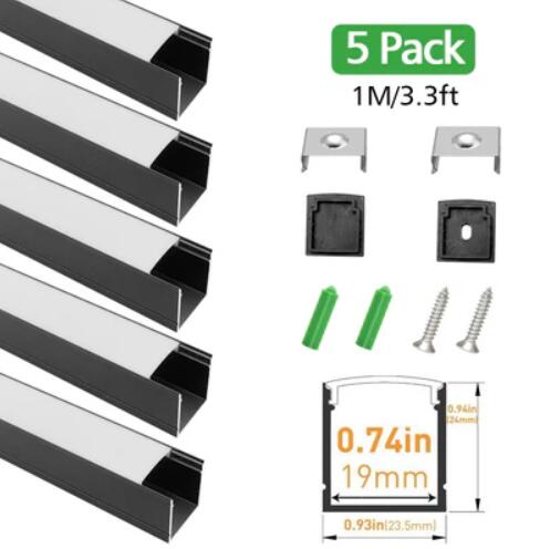 Black Aluminum Channel U06 24x24mm U Shape LED Aluminum Profile Kit for LED Strip Installation