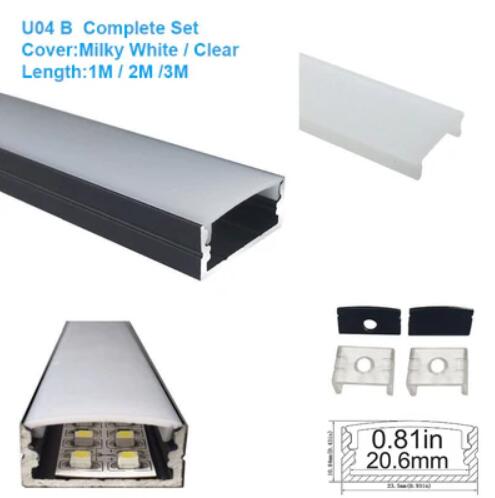 Black LED Aluminum Profile U04 10x23mm U-Shape LED Aluminum Channel System for LED Strips Installation