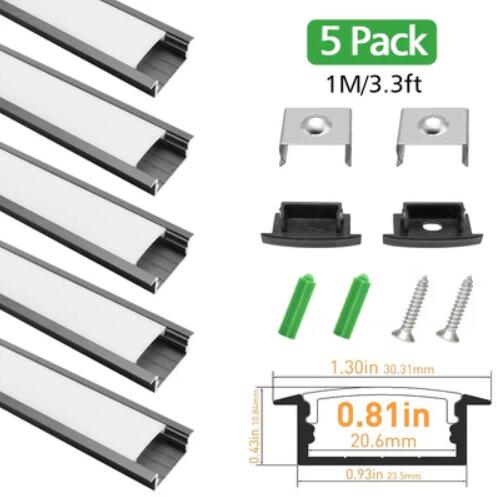 Black LED Profile U03 10x30mm U-Shape LED Aluminum Channel Kit