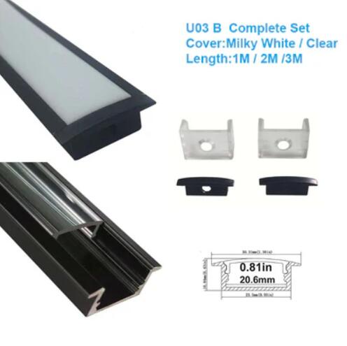 Black LED Profile U03 10x30mm U-Shape LED Aluminum Channel Kit