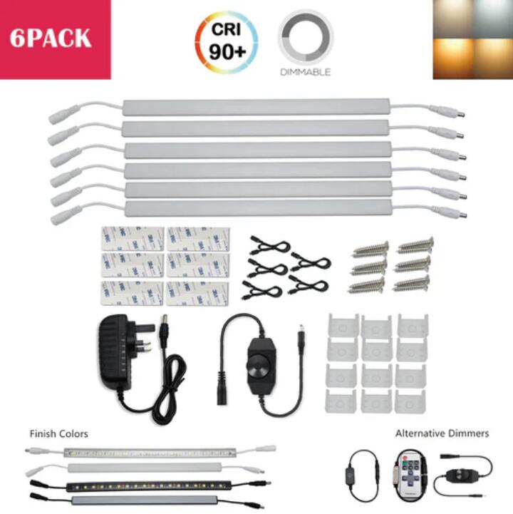 C-Series 6 Pack (6*3W) Dimmable CRI 90 Ultra Thin 12inch Linkable Linear LED Under Cabinet Lights with Dimmer & Power Adapter