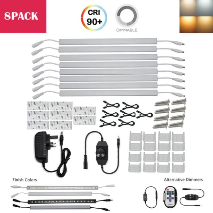 C-Series 8 Pack (8*3W) Dimmable CRI 90 Ultra Thin 12inch Linkable Linear LED Under Cabinet Lights with Dimmer & Power Adapter