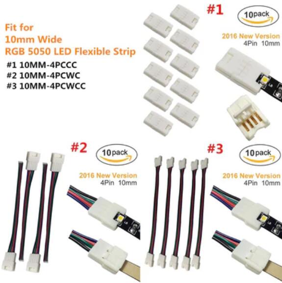 10pcs/Pack New LED Strip Connector Solderless Snap Down 4 Pin Strip to Strip Gapless Jumper for 10mm Wide 5050 RGB Color Flex LED Strips