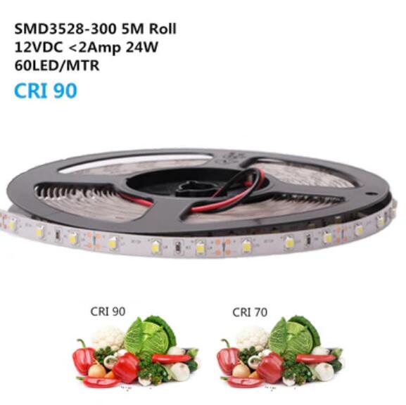 High CRI 90 Strip Light LED, Flexible 12V LED Strips, SMD3528-300 60 LEDs 300LM Per Meter, 8mm Wide Tape