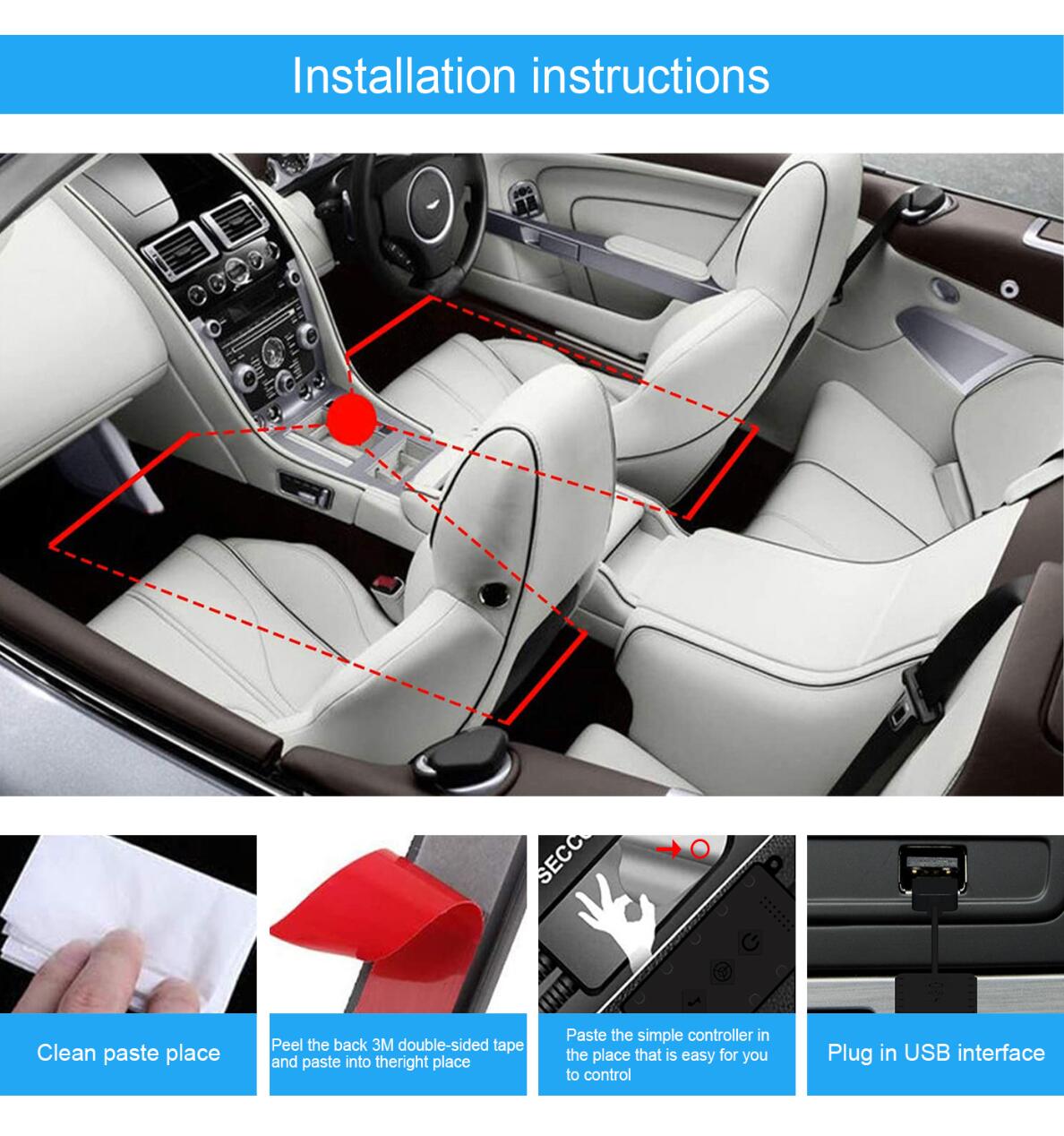 Car Interior Lights 4pcs 48 LED Car Atmosphere Glow Neon lights Multi-Color Music Car LED Strip Lights Decorative Underdash Lighting Kit with Bluetooth APP Controlled Sound Active function Wireless Remote Control
