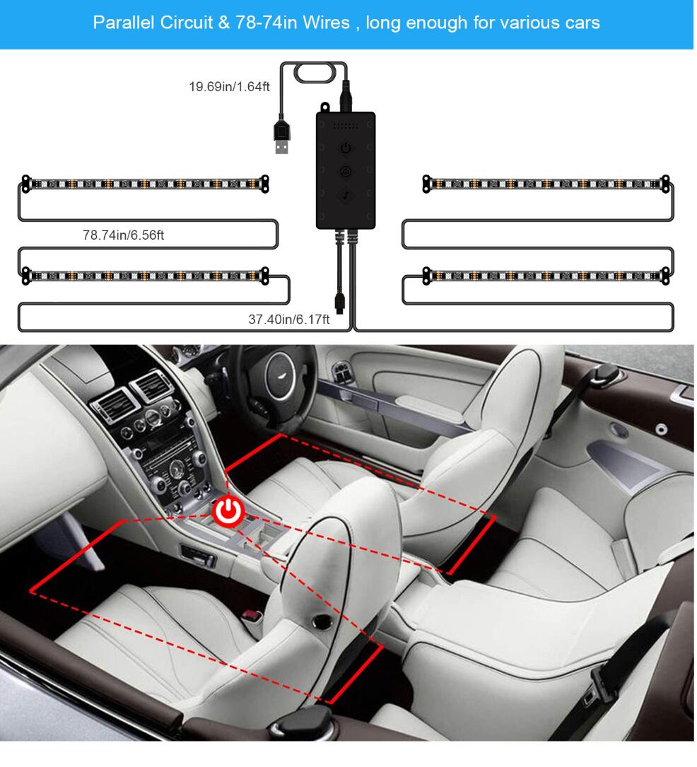 Car Interior Lights 4pcs 48 LED Car Atmosphere Glow Neon lights Multi-Color Music Car LED Strip Lights Decorative Underdash Lighting Kit with Bluetooth APP Controlled Sound Active function Wireless Remote Control