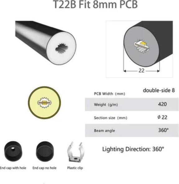16.4FT(5Meters) Dia.22mm 360° Emitting IP67 Waterproof Flexible Full Black Silicon LED NEON Tube Housing Fit for 8mm Wide LED Strip Light
