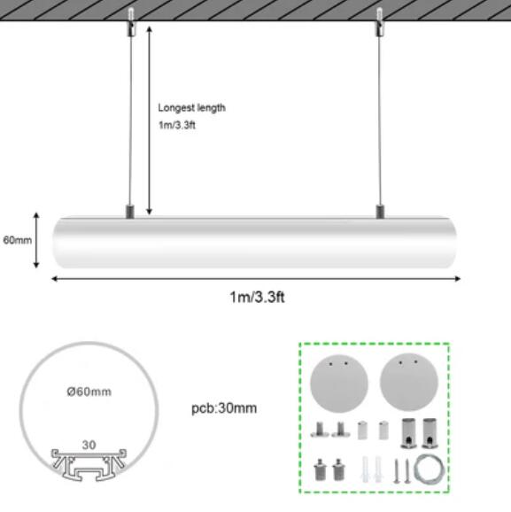 5 Pack D60 60mm Dia. Round Extruded Aluminum Channel for Pendant Linear Office Lighting System