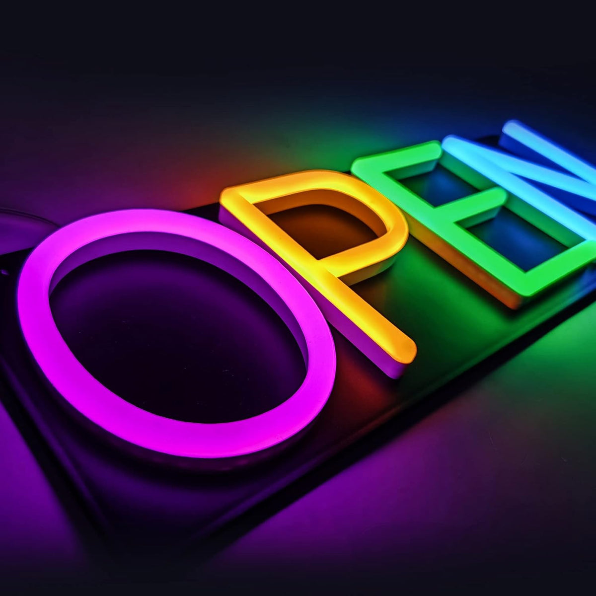 Rainbow Open Neon Sign 20inx7in LED Colorful Open Sign w/Remote Controller, Multicolor Light Sign for Business, w/Hanging Chain for Shop Windows, Direct Plug-In w/ 12V Adapter