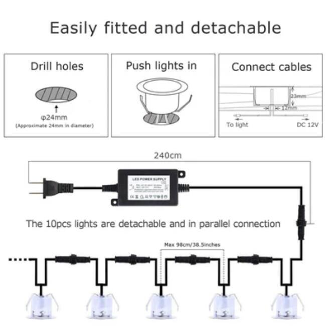 10 Pack Outdoor Recessed LED Deck Lights Kits IP67 Waterproof Inground LED Step Lights Kit for Garden, Yard, Steps， Bath Room and Kitchen