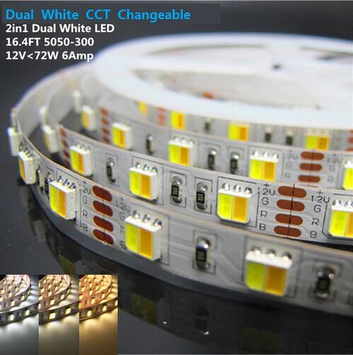 12V Dual White LED light Strip, 16.4FT/5Meter SMD5050-300 60 LEDs Per Meter 2 in 1 Color Temp-Adjustable Flexible LED Strip Light
