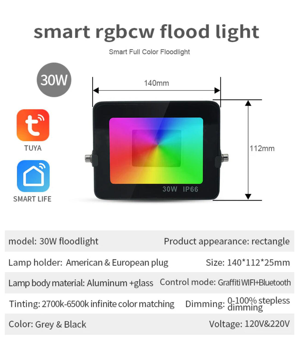 2 Pack 30W RGBCW Outdoor LED Floodlight WiFi Bluetooth RGBCW 2700K-6500K & 16 Million Colors, LED Landscape Lights, IP66 Waterproof