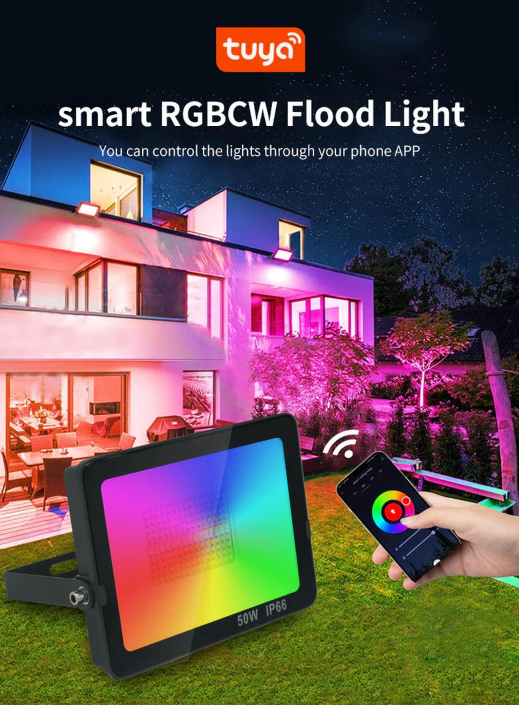 2 Pack 50W RGBCW Outdoor LED Floodlight WiFi Bluetooth RGBCW 2700K-6500K & 16 Million Colors, LED Landscape Lights, IP66 Waterproof